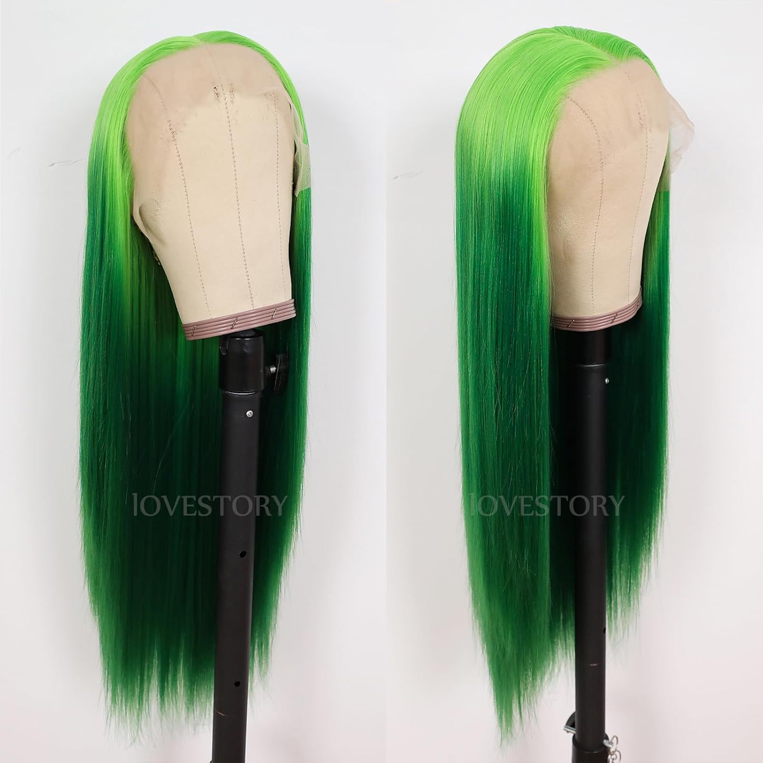 LoveStory Pelucas de encaje frontal de color verde, pelucas largas y lacias, sin pegamento, color verde degradado, peluca resistente al calor,