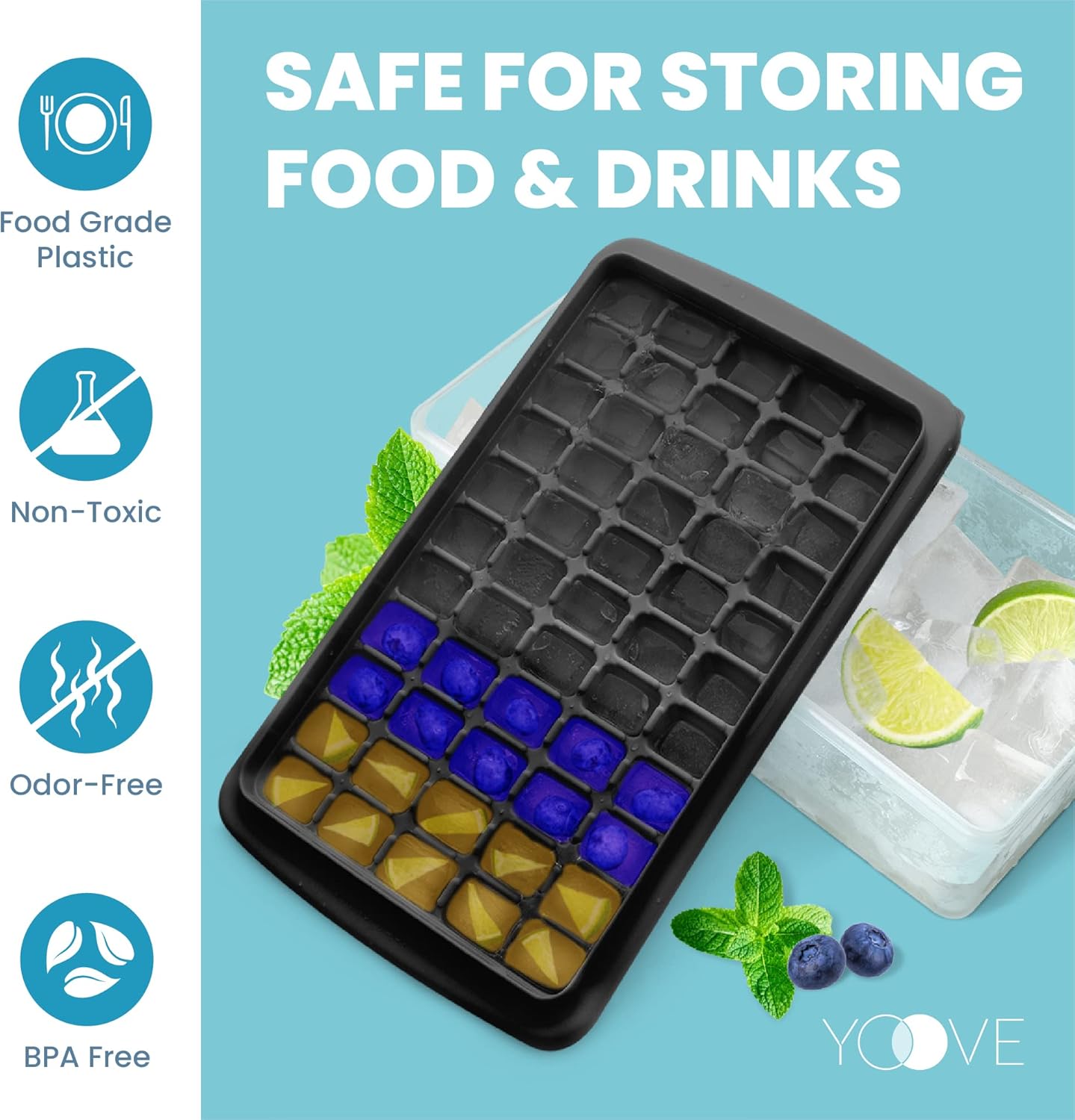 Yoove Juego de bandejas de silicona para cubitos de hielo, incluye tapa antiderrames, cubo con tapa y cuchara, sin BPA, fácil de liberar, bandeja de