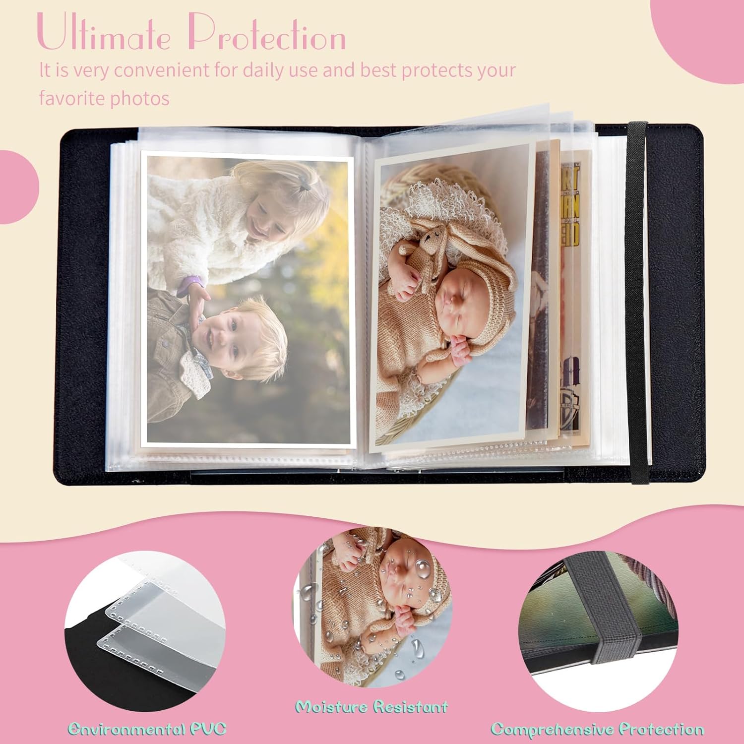 Álbum de fotos de 4 x 6 pulgadas, capacidad para 60 fotos, cubierta de piel sintética, álbum de fotos con banda elástica fuerte, álbum de fotos