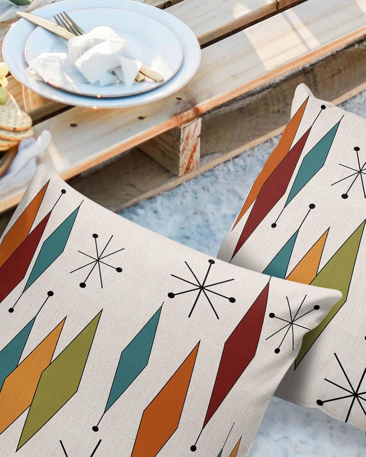 Paquete de 2 fundas de almohada cuadradas de 18 x 18 pulgadas, modernas de mediados de siglo, color rojo, naranja y verde azulado con diamantes