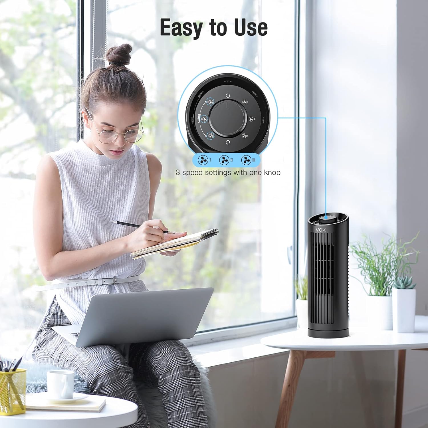 VCK Ventilador de torre, ventilador oscilante de 80 con 3 velocidades, enfriamiento rápido, funcionamiento silencioso, ventilador de escritorio