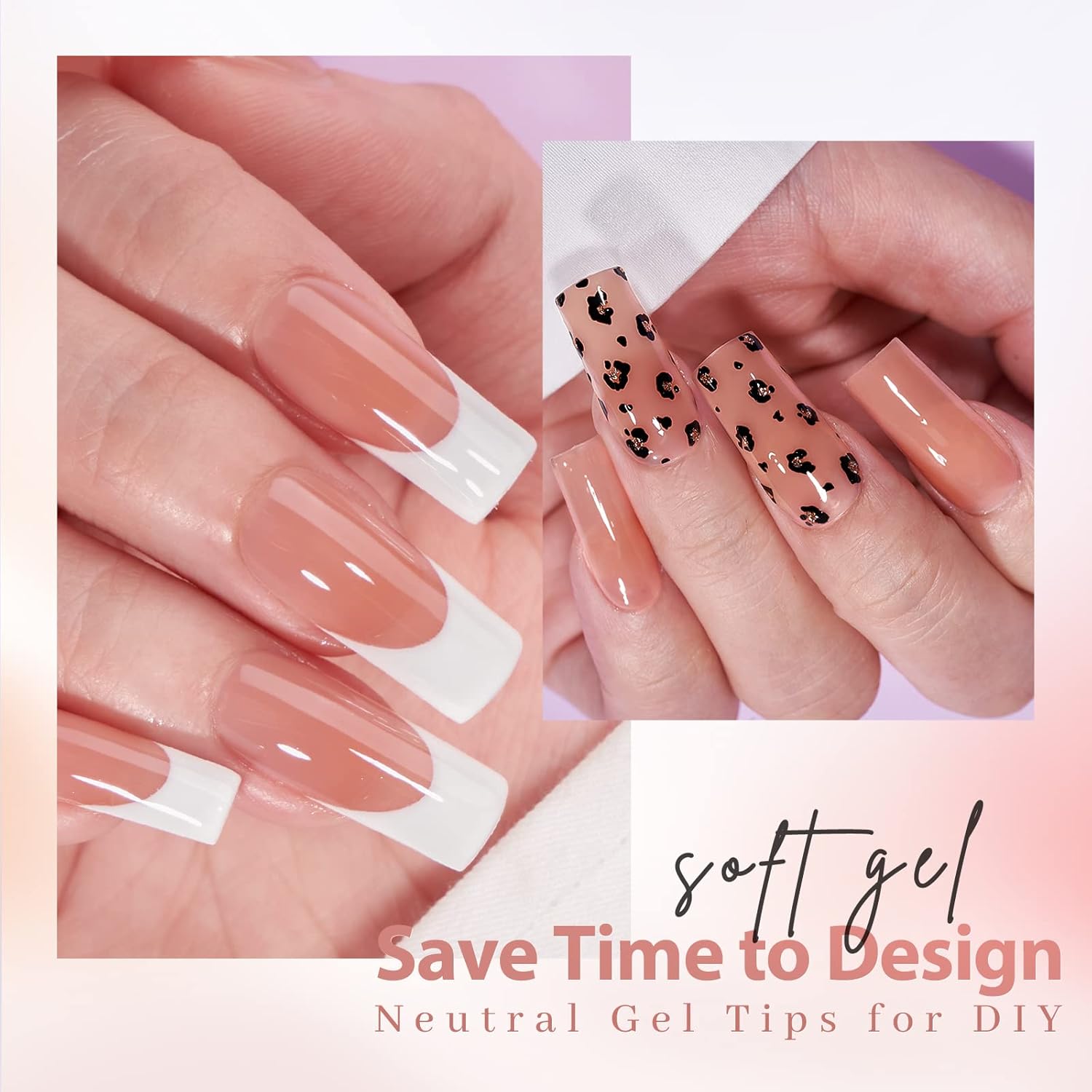 BTArtbox Puntas de uñas de gel cuadradas largas, uñas postizas a presión, 600 unidades, 5 colores, XCOATTIPS naturales con punta preaplicada,