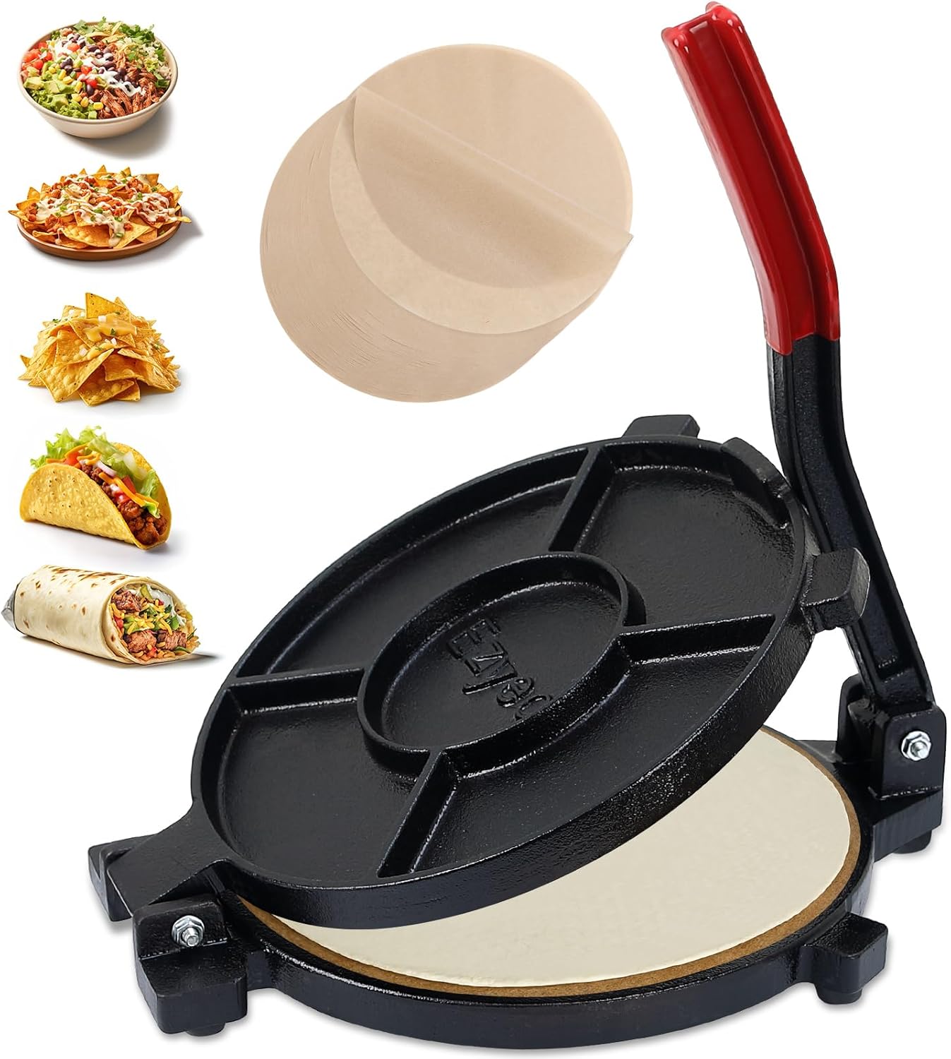 Cast Iron Tortilla Press 8-10 Inch, Large Roti Maker with Silicone Grip Handle for Roti, Taco, Flour, Corn, Dough, Chapati, Sturdy Prensa Para
