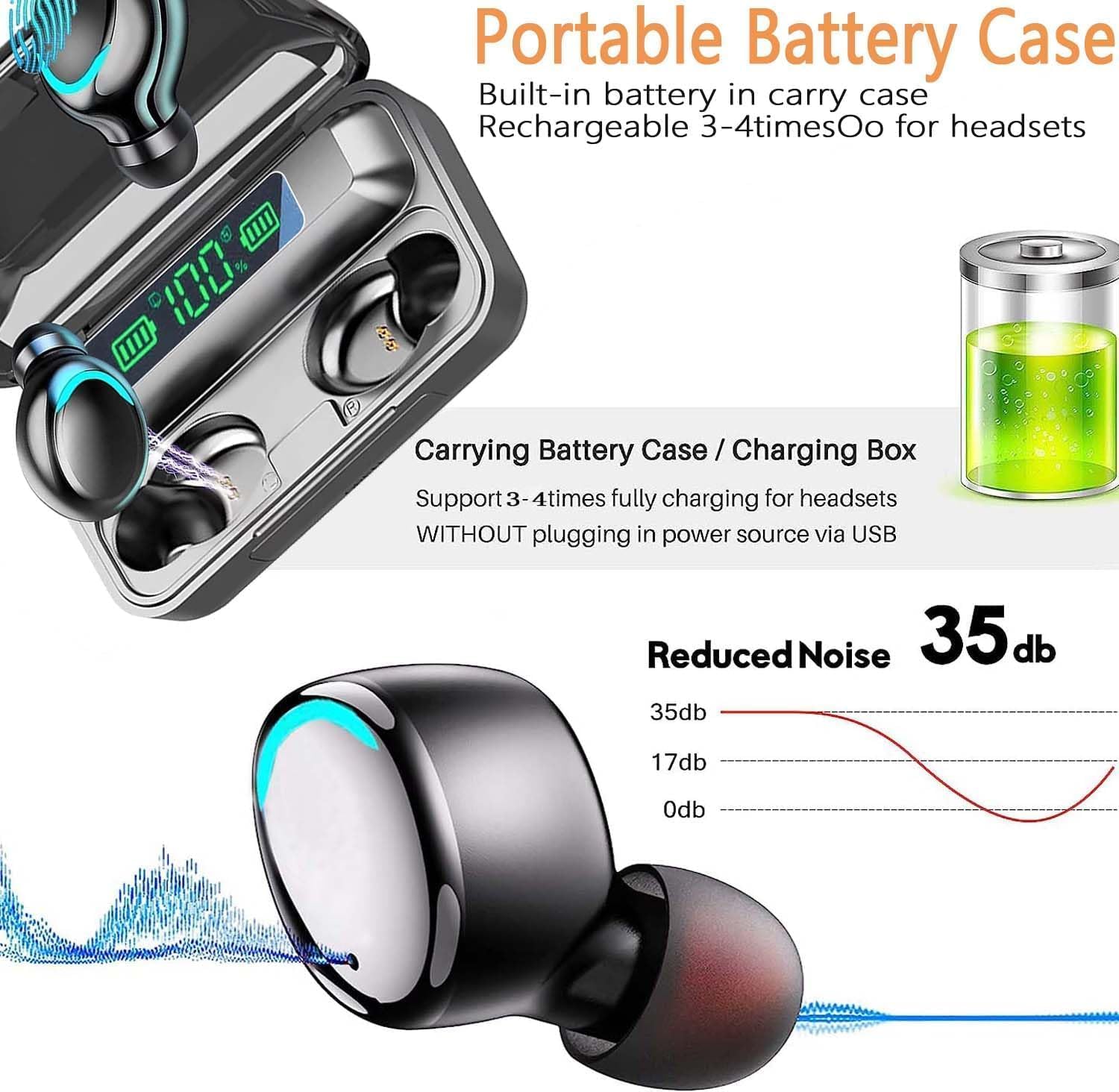 Auriculares inalámbricos verdaderos, potentes efectos de sonido personalizados, auriculares de conexión remota inmersivos con caja de carga,