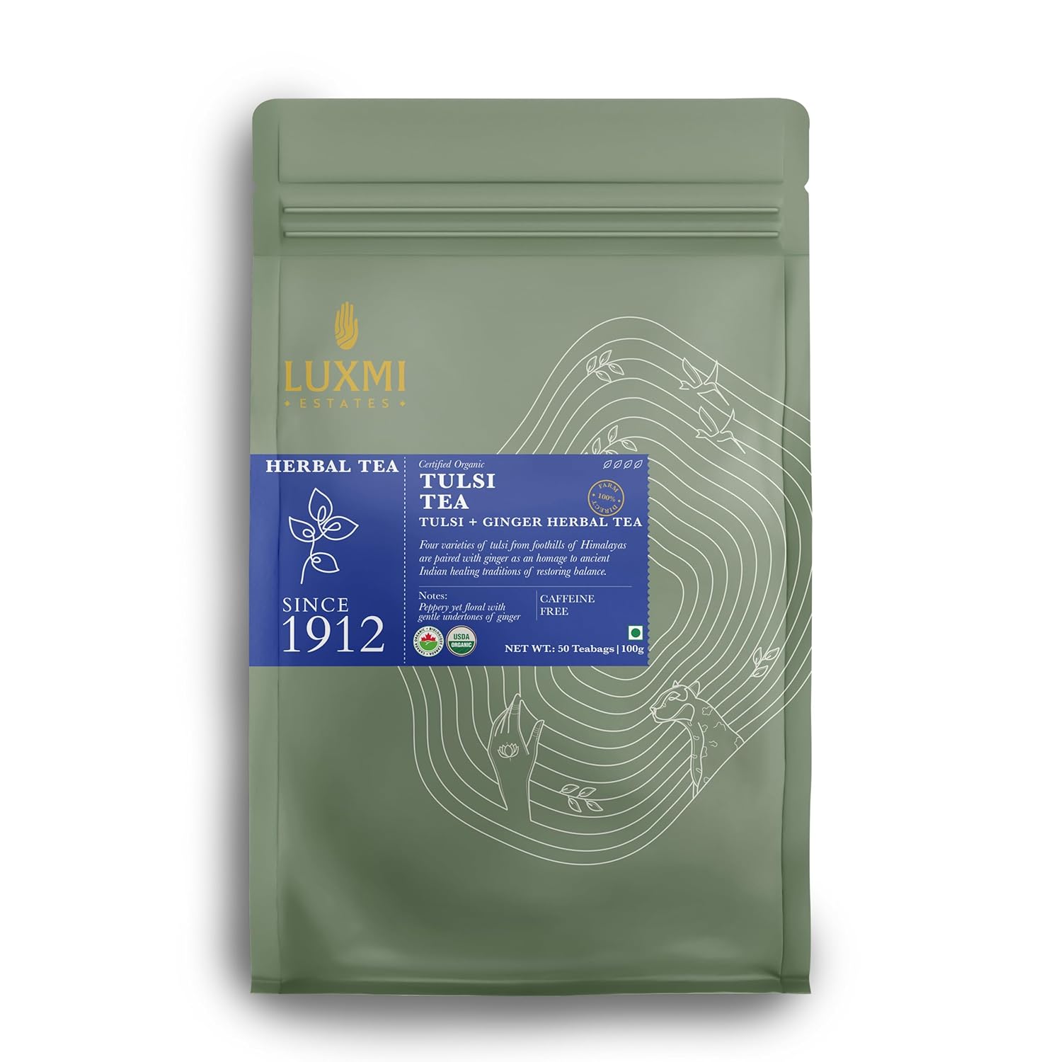 Luxmi Estates, Té Tulsi orgánico 50 bolsas de té (3.53 onzas)  Sin cafeína, sin OMG, hojas Tulsi orgánicas USDA – Té Tulsi  Apoyo inmunológico,