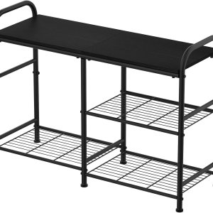 YBING Zapatero para entrada, pequeño almacenamiento de zapatos con banco, organizador de zapatos de 3 niveles negro con estantes de metal y parte YBING Zapatero para entrada, pequeño almacenamiento de zapatos con banco, organizador de zapatos de 3 niveles negro con estantes de metal y parte
