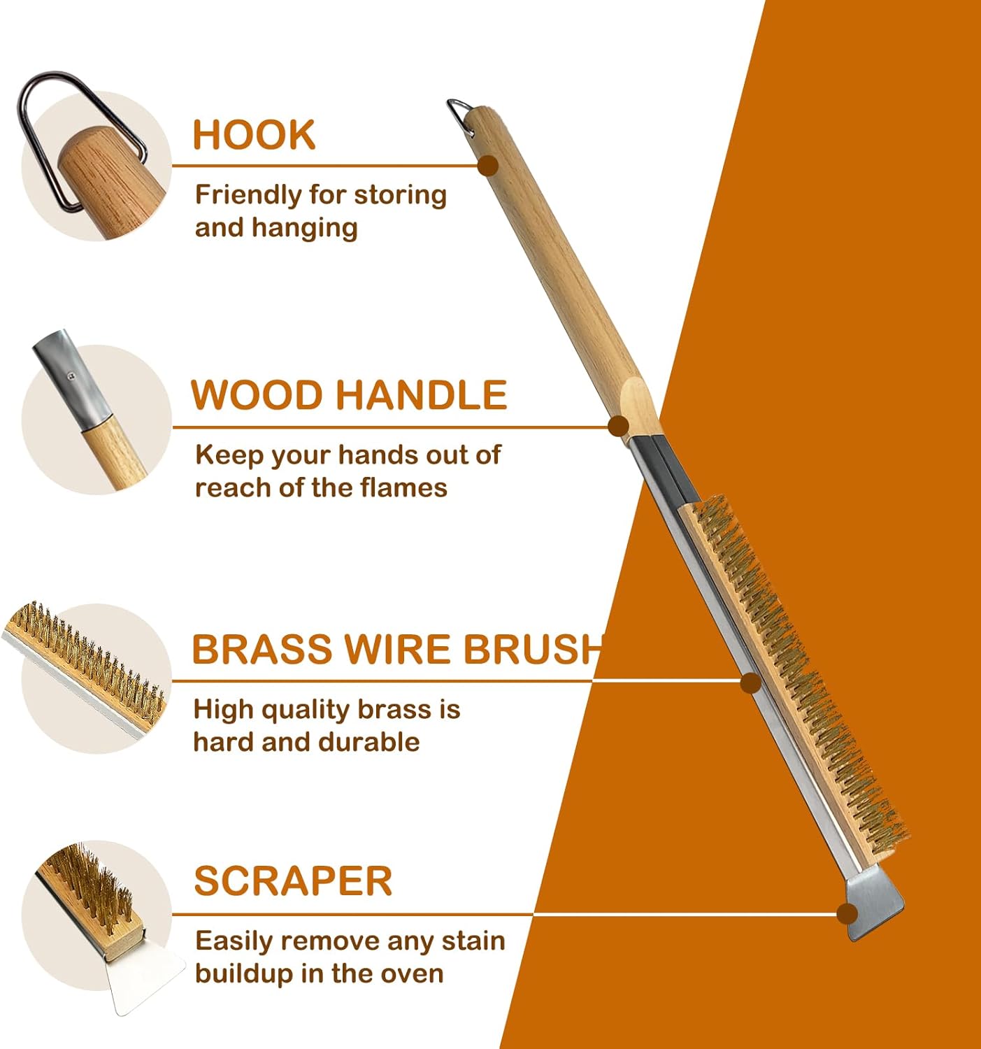 Pizza Oven Brush, 22 Pizza Stone Cleaning Brush – Brass Wire Pizza Brush with Wooden Handle and Stainless Steel Scraper, Pizza Oven Accessories for