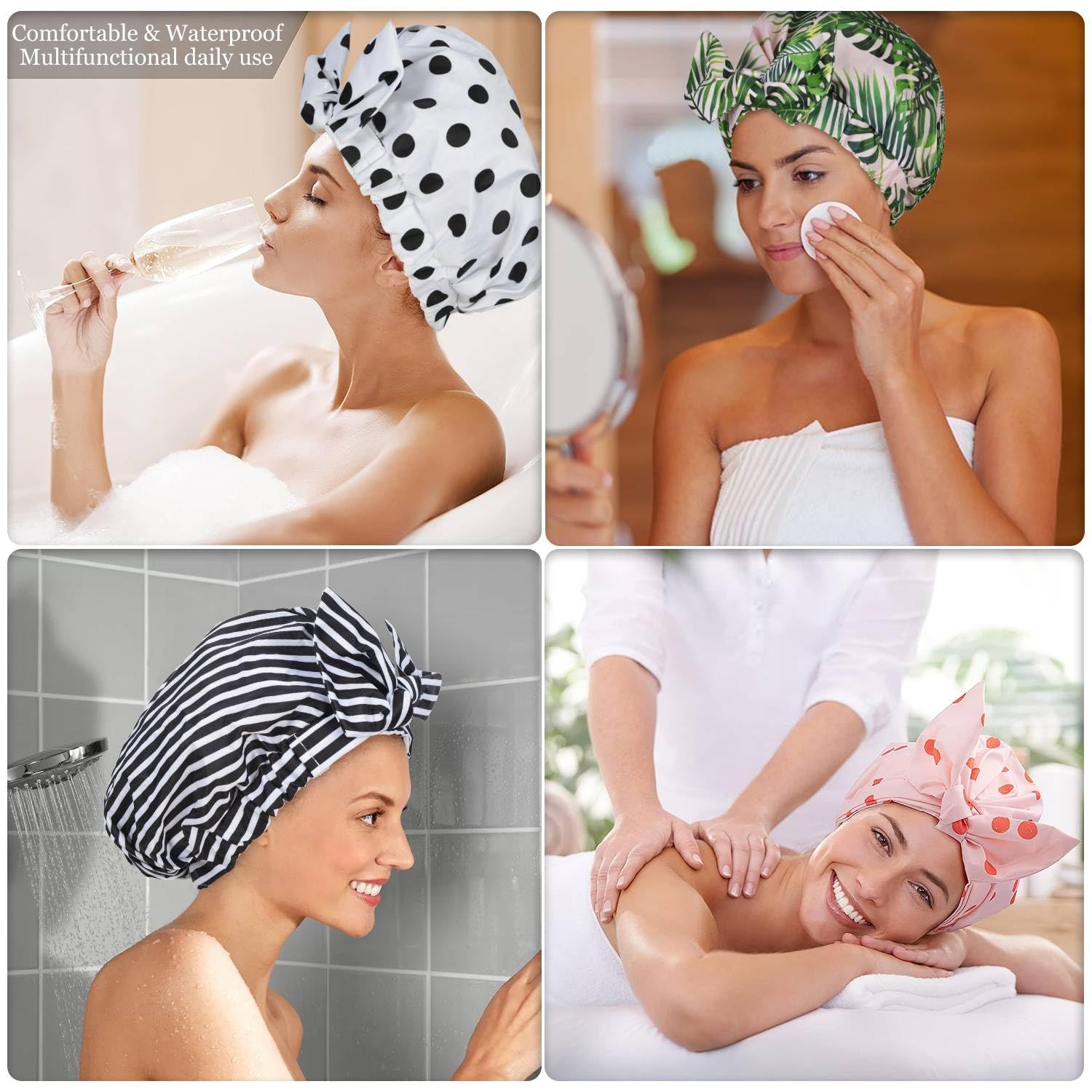 Gorro de ducha de lujo para mujer, reutilizable, impermeable, para ducha, con moño ajustable, gorro de baño (rayas negras)