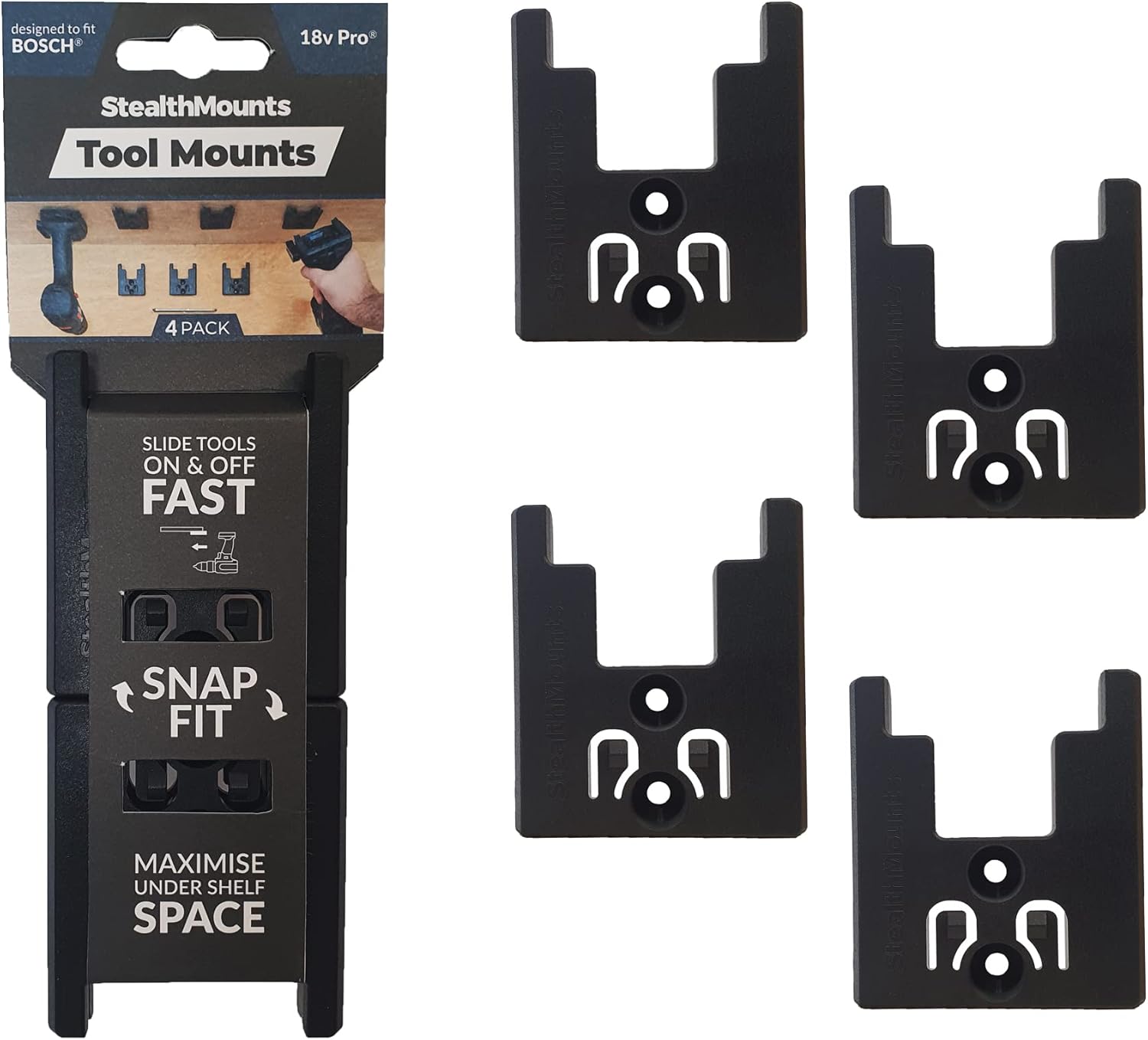 StealthMounts Portaherramientas Bosch con bloqueo, paquete de 4 soportes para herramientas Bosch, almacenamiento de herramientas Bosch, soporte para