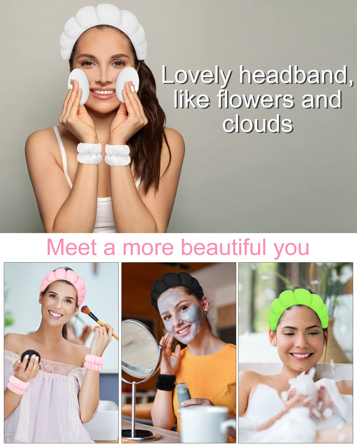 5 diademas de esponja azul para mujer, para lavado de cara, diadema de maquillaje y muñequera, viene con 2 almohadillas reutilizables para lavar la