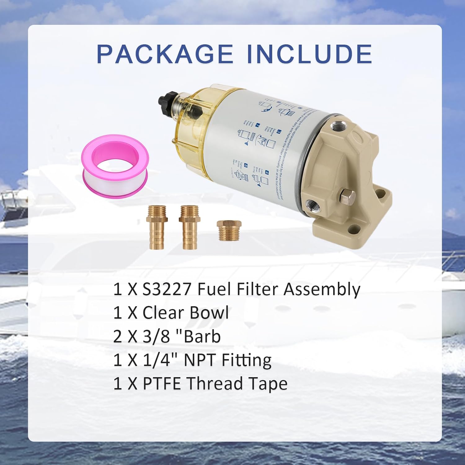 S3227 Filtro de combustible Separador de agua de repuesto para motor fueraborda marino Mercury con púas de 38 pulgadas x 14 pulgadas NPT accesorios