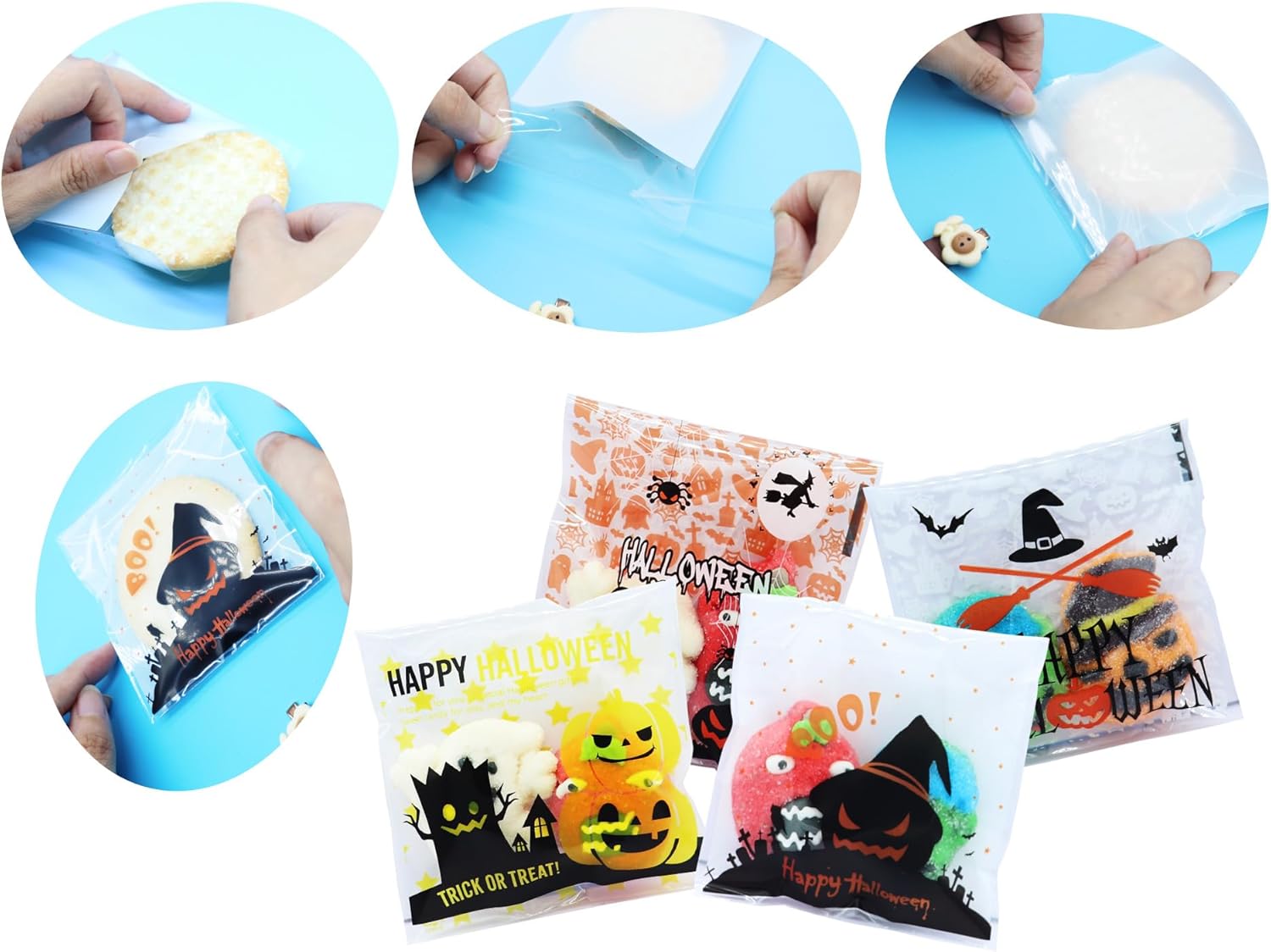 MOLIDA 300 bolsas de dulces de celofán de Halloween, bolsas transparentes para dulces de galletas con adhesivo Sslf para suministros de fiesta de
