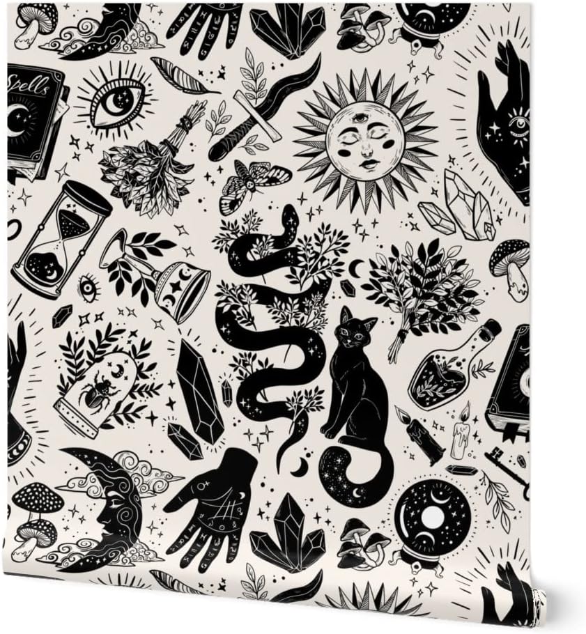 Spoonflower Papel tapiz para despegar y pegar, color negro, blanco, gótico, gótico, mágico, de Halloween, bruja, monocromático, extraíble,