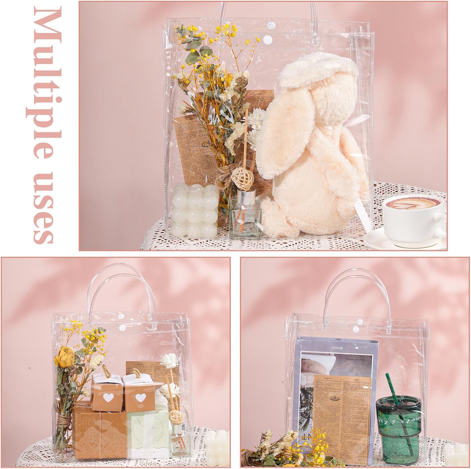 BESARME Paquete de 30 bolsas de regalo transparentes de 11 x 11 x 4 pulgadas con asa, bolsas de plástico grandes para regalo, bolsas transparentes