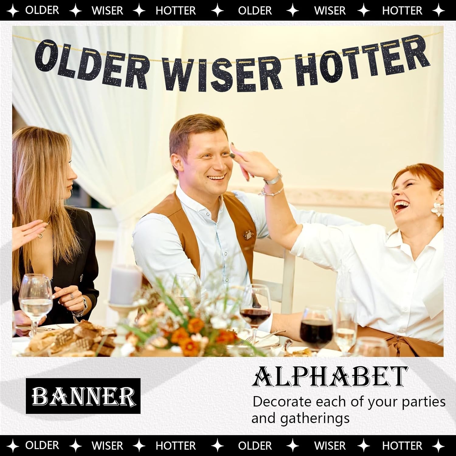 Cartel negro con purpurina para fiesta de cumpleaños con texto en inglés Older Wiser Hotter, divertida guirnalda de decoraciones de fiesta de