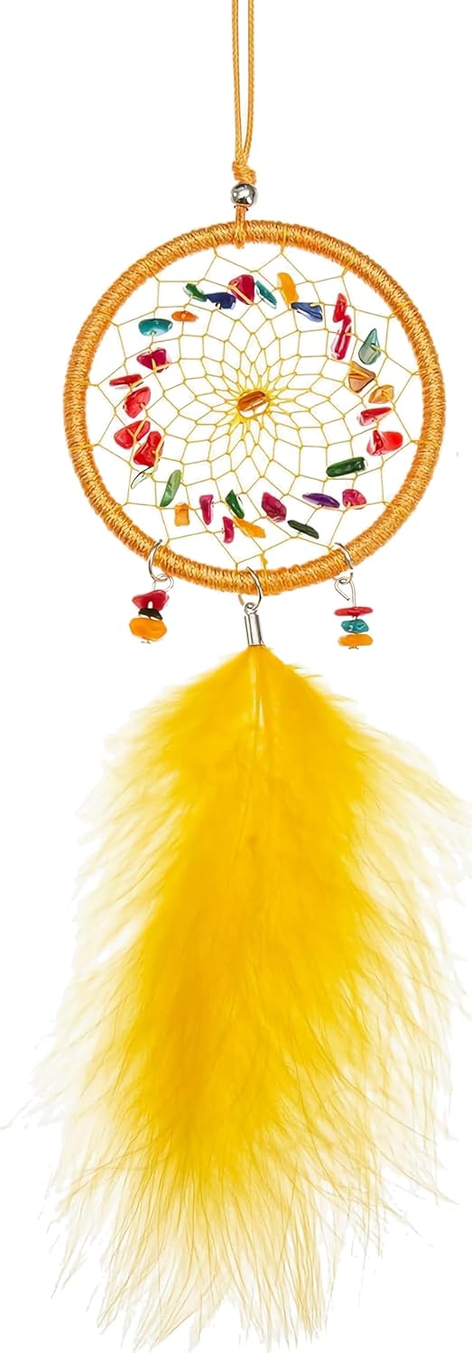 Mini atrapasueños  Plumas de pavo amarillo prímula, atrapasueños pequeños hechos a mano para dormitorio, atrapasueños para niñas, atrapasueños para