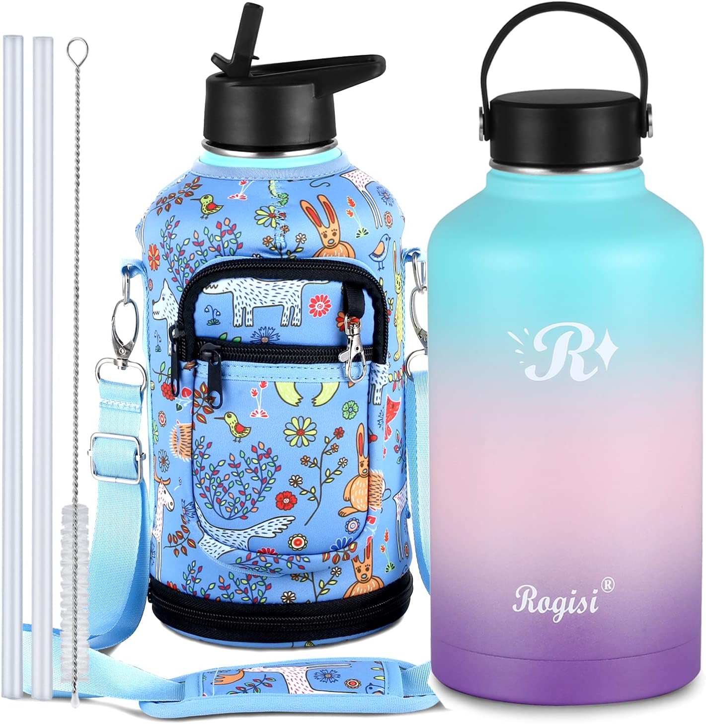 Botella de agua grande de medio galón64 onzas aislada con popote, funda y 2 tapas, jarra de agua de acero inoxidable con boca ancha, termo de metal