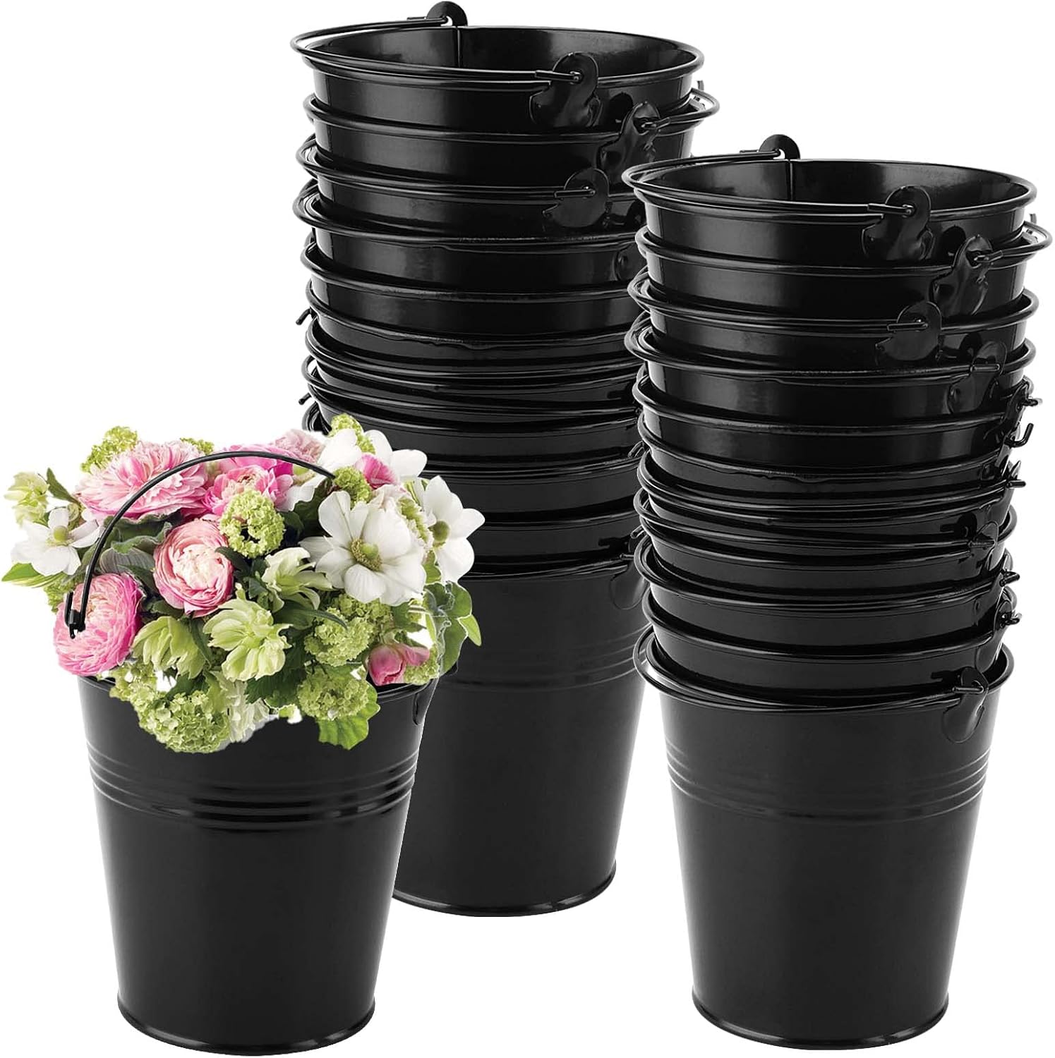 TAICHEUT Paquete de 15 cubos negros pequeños galvanizados, cubos de metal con asa, cubo pequeño para fiesta, para flores, dulces, aperitivos y