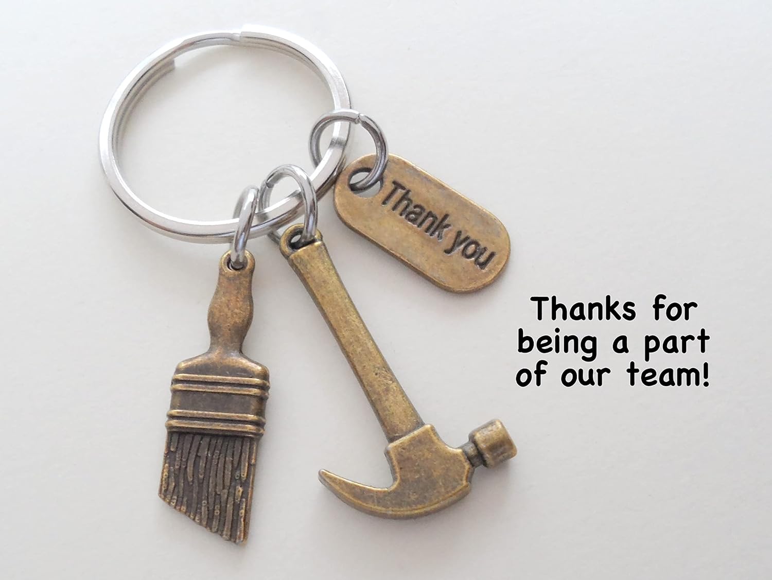 Bronze Hammer & Paint Brush Charm Keychain with Thank You Tag, Builders, Construction Team, Contractor, Handyman Appreciation Keychain