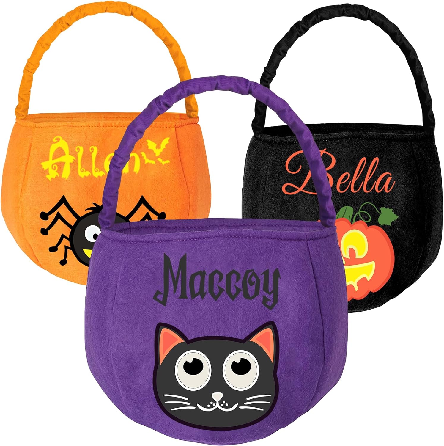 Bolsas de Halloween personalizadas, bolsa de dulce o truco, cesta de dulces con nombre personalizado para niños y niñas, gato