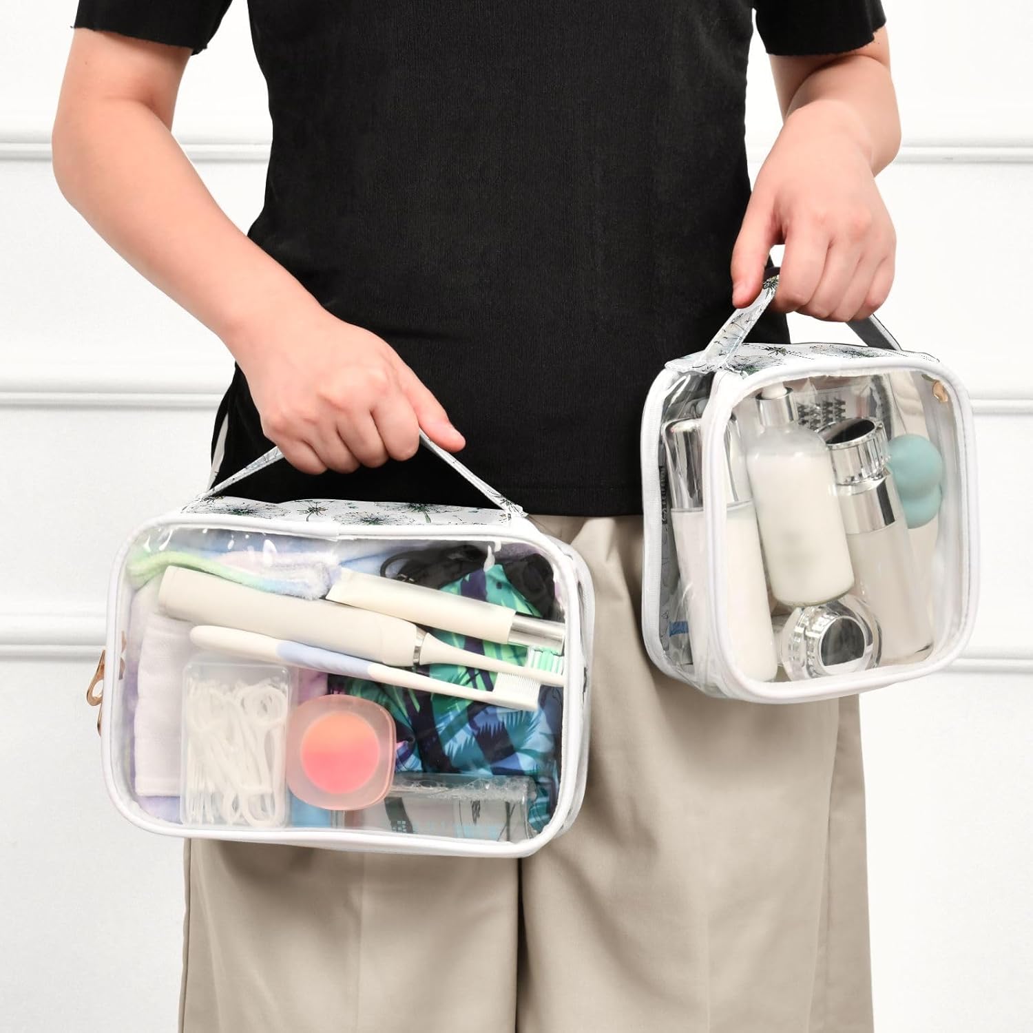 ZOEO Estuche de viaje transparente, paquete de 2 bolsas de maquillaje, dientes de león, flores, neceser, cosméticos, portátil, organizador portátil