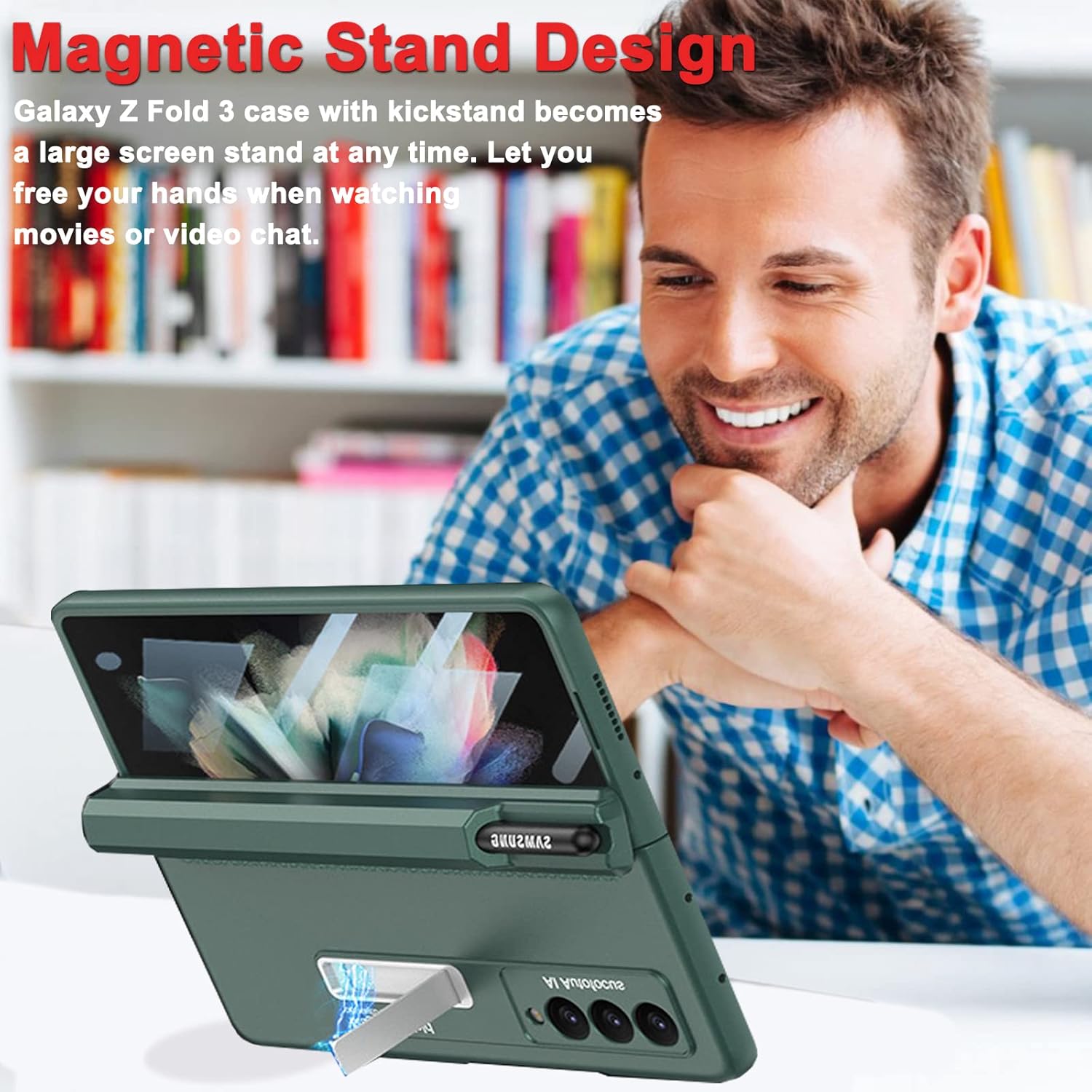 Miimall Funda compatible con Samsung Fold 3 con soporte para bolígrafo S, protector de pantalla integrado, protección magnética de bisagra, soporte