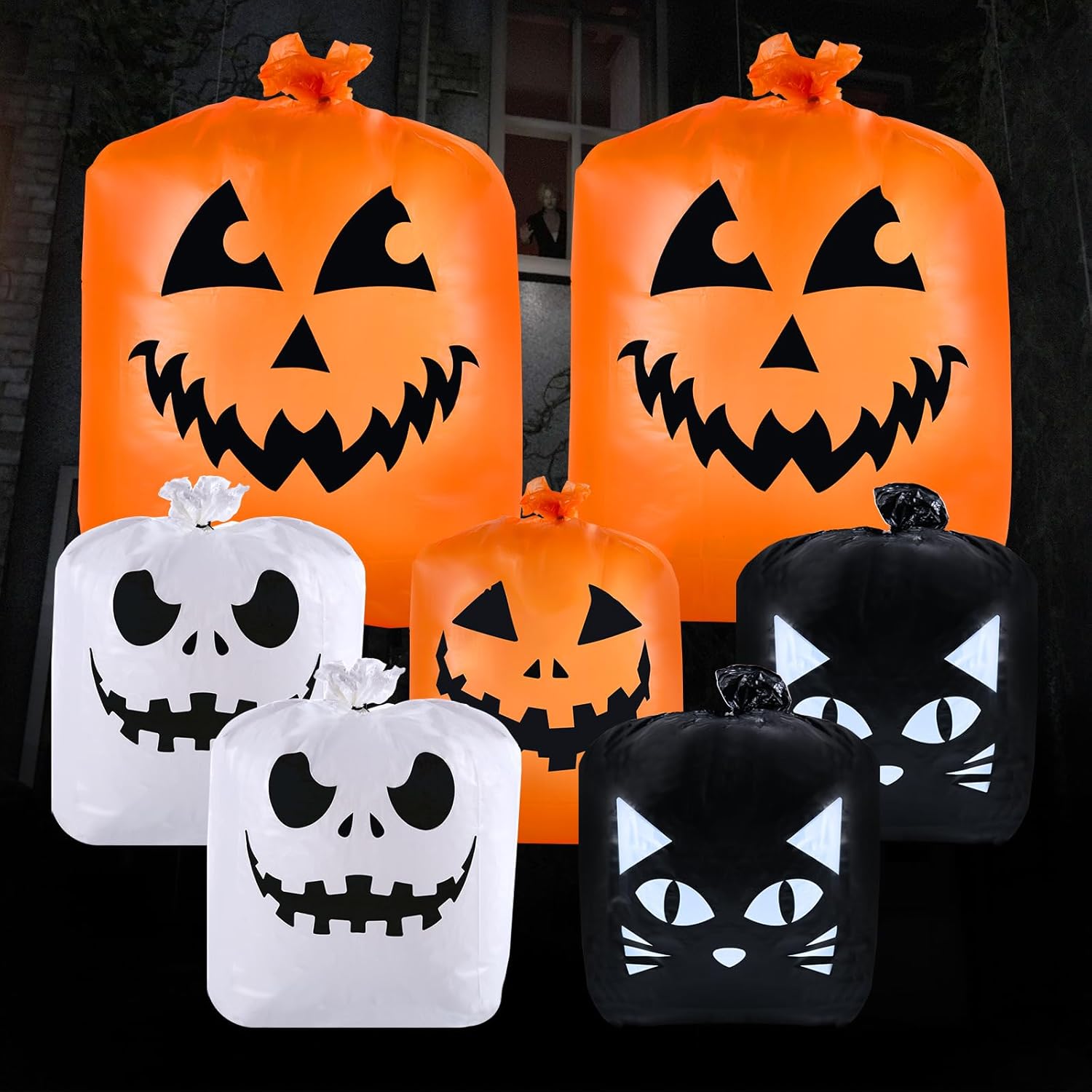 CHANGE MOORE Bolsas de césped de hojas de Halloween, 7 unidades, 4 diseños, bolsa de césped de calabaza con lazos giratorios, decoraciones de