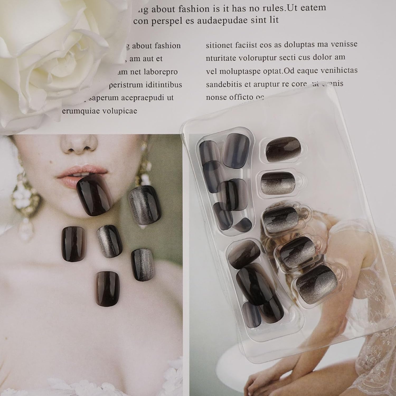 Uñas postizas cuadradas cortas con diseño de ojo de gato, uñas postizas negras degradadas reutilizables para el uso diario de las mujeres, kit de