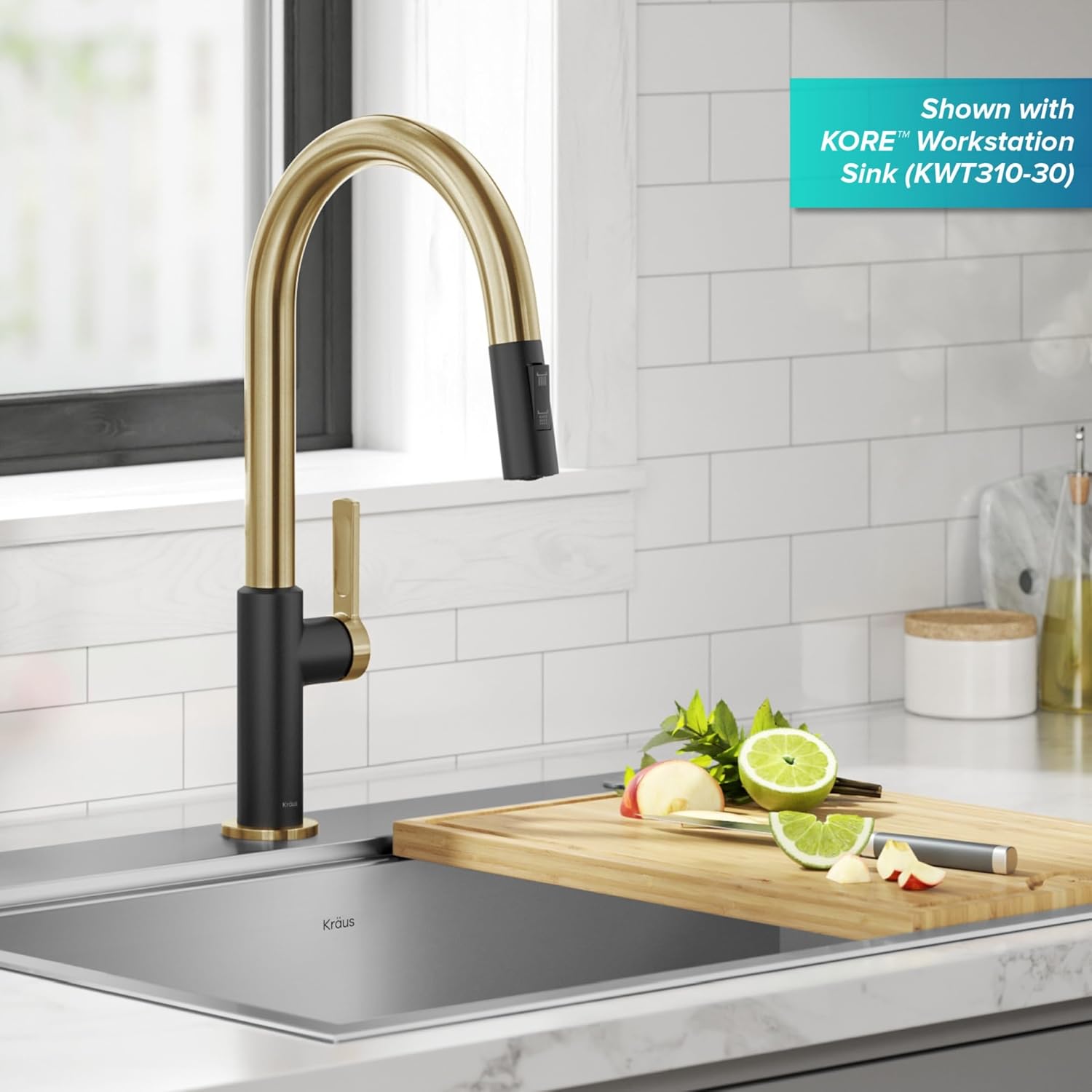 KRAUS Oletto KPF-2820BBMB – Grifo de cocina desplegable de un solo mango en latón cepillado  negro mate, KPF-2820BBMB