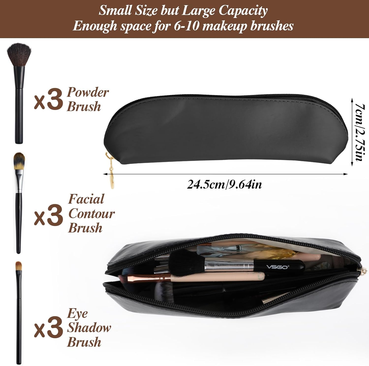 Viaje cepillo de maquillaje titular con cremallera bolsa, Esenciales de viaje maquillaje bolsa cosmética, PU cuero organizador bolsa bolsa, Negro -,
