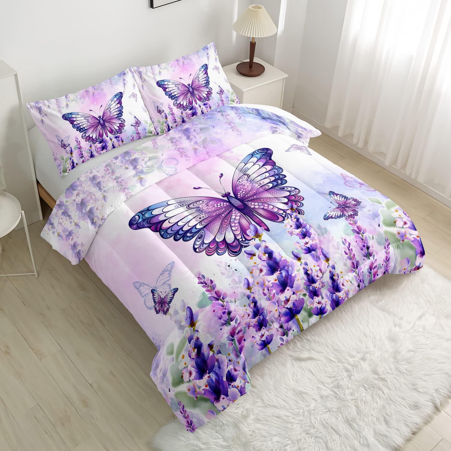CVHOUSE Hermoso juego de edredón de mariposa, tamaño Queen, juego de ropa de cama con flores de lavanda floreciente y mariposa voladora, juego de