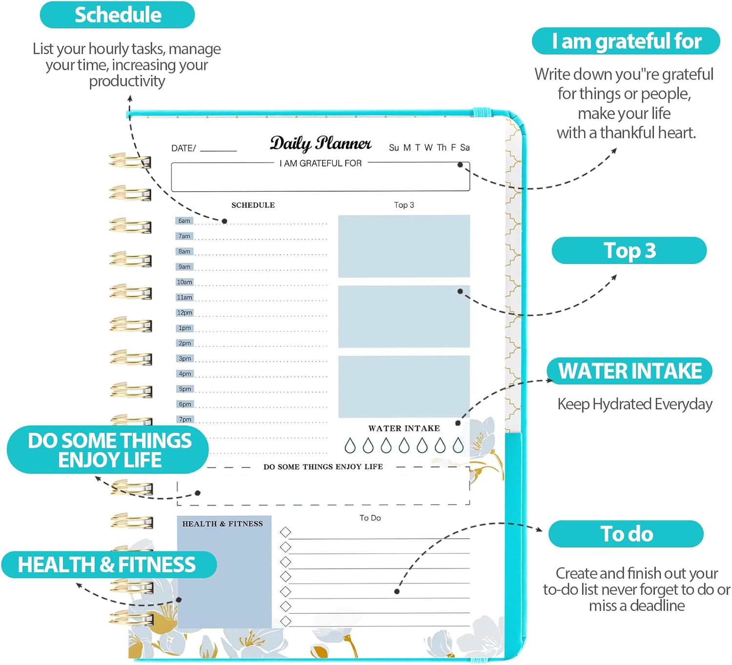 Siltamu Agenda diaria sin fecha de 6.1 x 8.5 pulgadas, cuaderno de lista de tareas con horario, planificación de comidas y organizadores de citas en