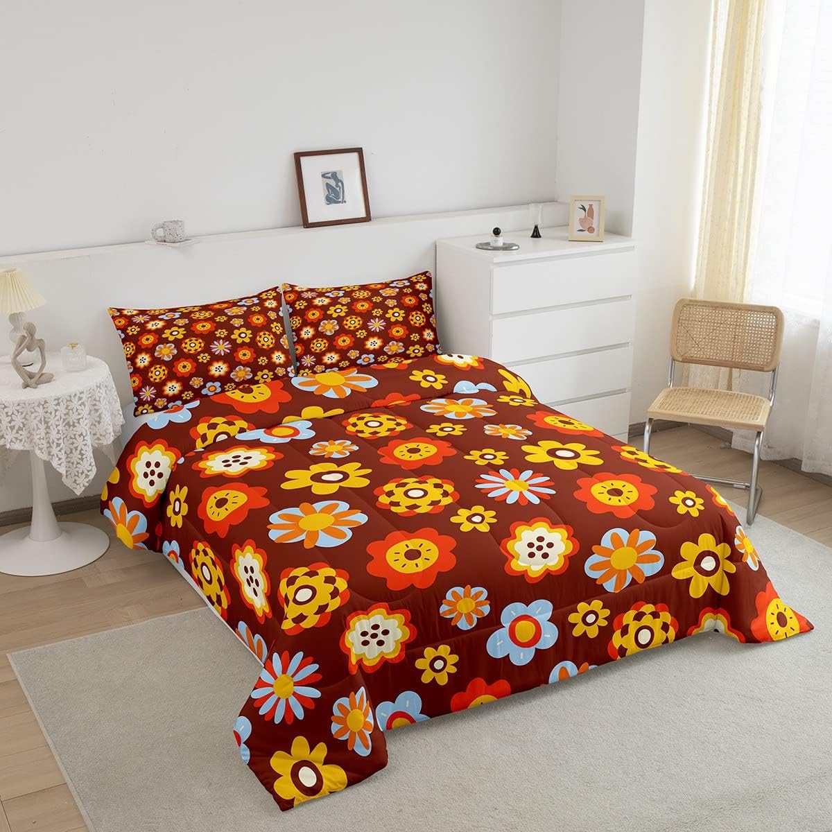 Groovy Flower Power – Juego de edredón tamaño Queen, lindo juego de ropa de cama floral bohemio de los años 60 y 70, edredón hippie para niños,
