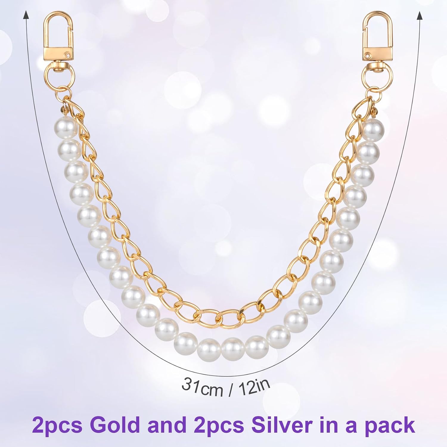 HINZIC 4 correas de perlas para bolso de 9.45 pulgadas, imitación de metal dorado plateado de repuesto para bolsa de cadena de bolso de perlas,