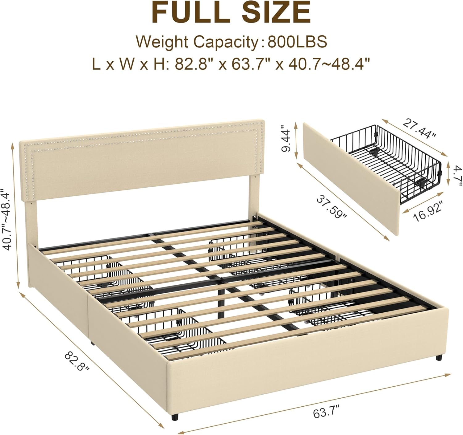 Base de cama tapizada con 4 cajones de almacenamiento, moderno marco de cama matrimonial con cabecera ajustable, se adapta a colchones de 6 a 12