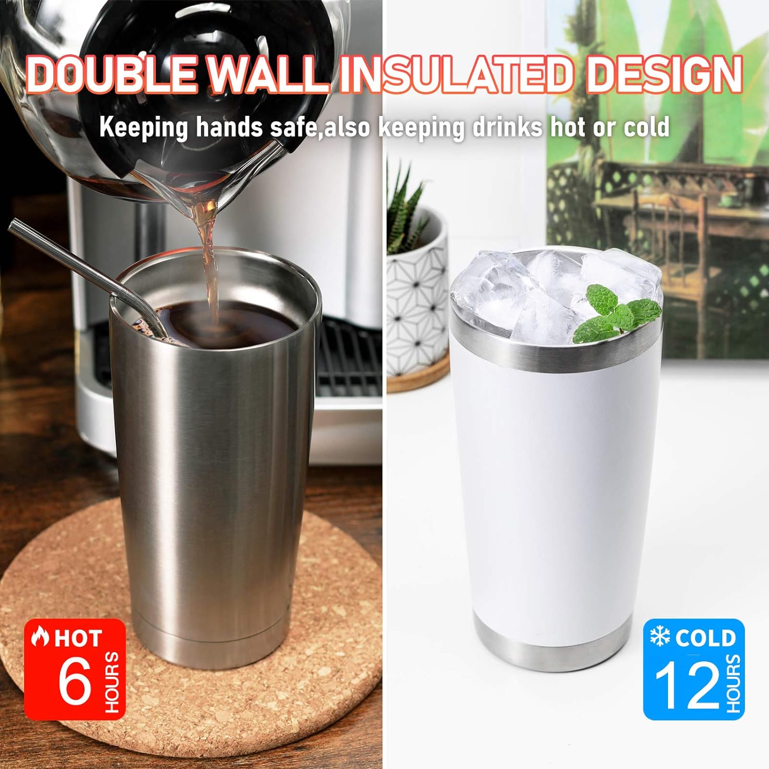 COMOOO Vaso de 20 onzas con popote de acero inoxidable aislado para café, taza de café de viaje de doble pared con tapa deslizante a prueba de