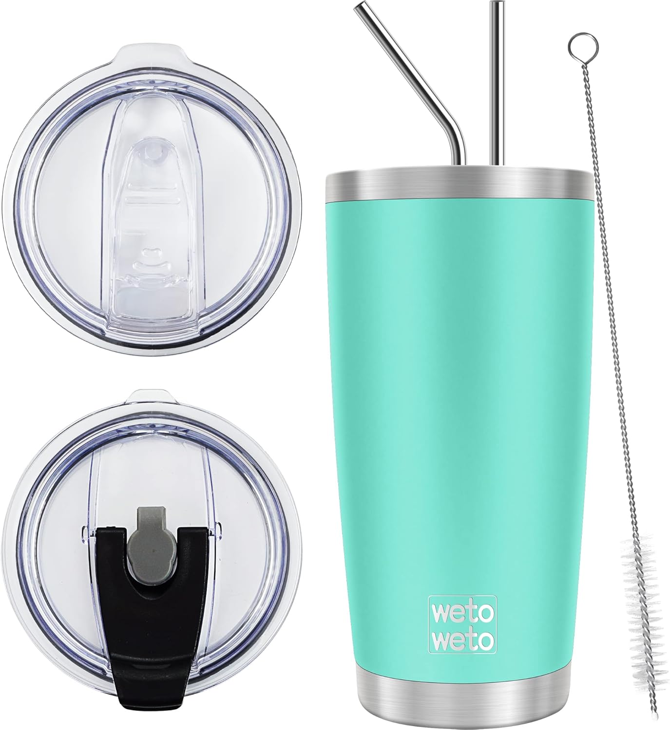 WETOWETO Vaso de 20 onzas con 2 tapas y 2 pajitas, vaso de café aislado al vacío de acero inoxidable, taza de viaje con recubrimiento de polvo de
