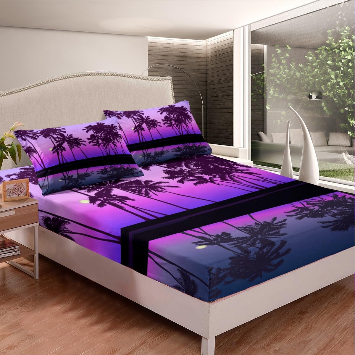 Juego de sábanas tropicales de palmera, tamaño King, juego de ropa de cama para niños, niñas, niños y adultos, decoración romántica de acuarela