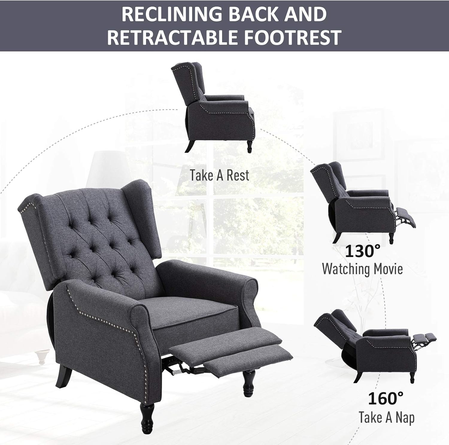 HOMCOM Silla reclinable tapizada de tela, silla de acento copetuda con respaldo de empuje, sillón de lino con reposapiés, reposabrazos, cojín