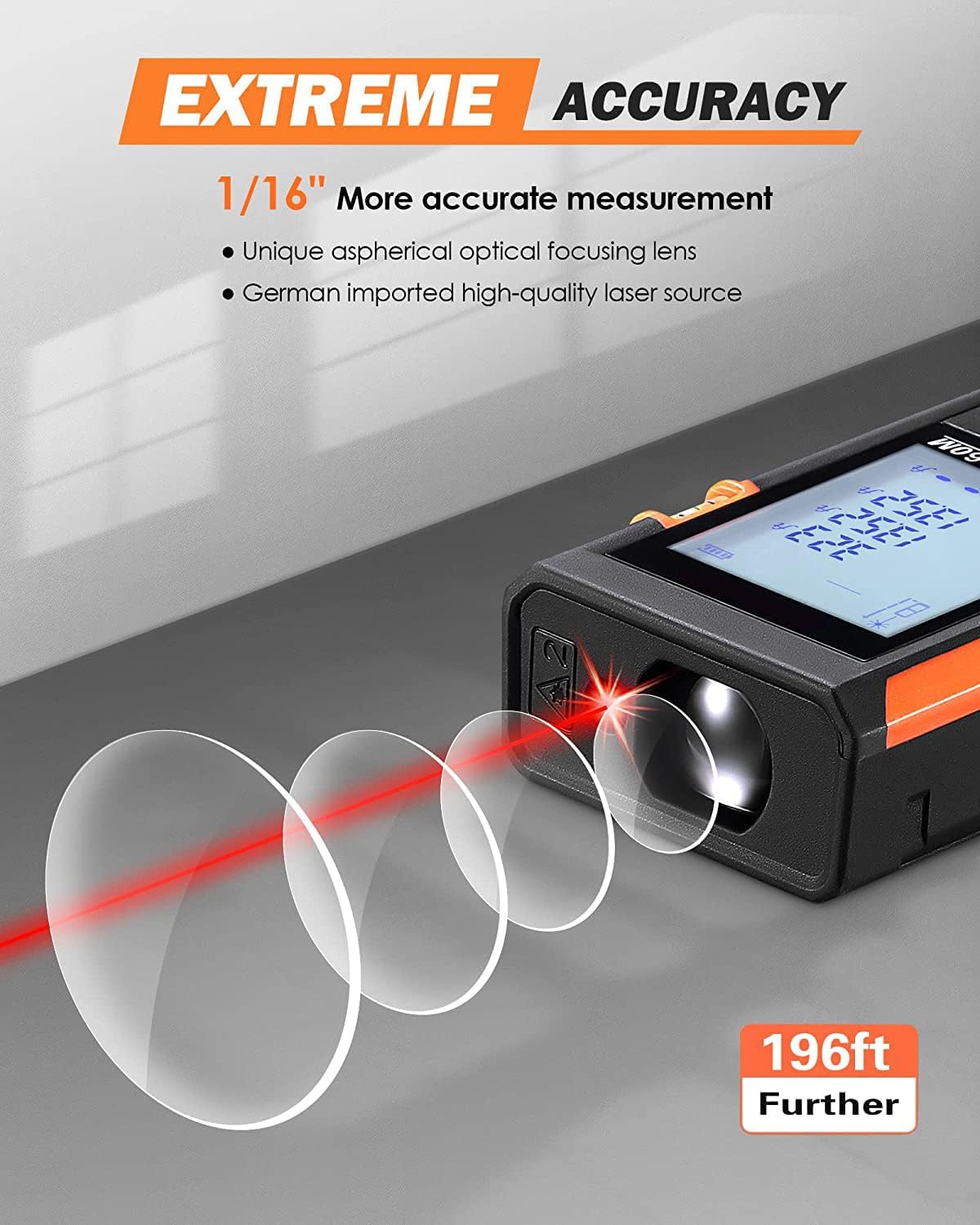 Medición láser clásica, medición láser digital con 2 niveles de burbuja, cambio de unidad Minpiepie+in, LCD retroiluminado, IP54 a prueba de golpes