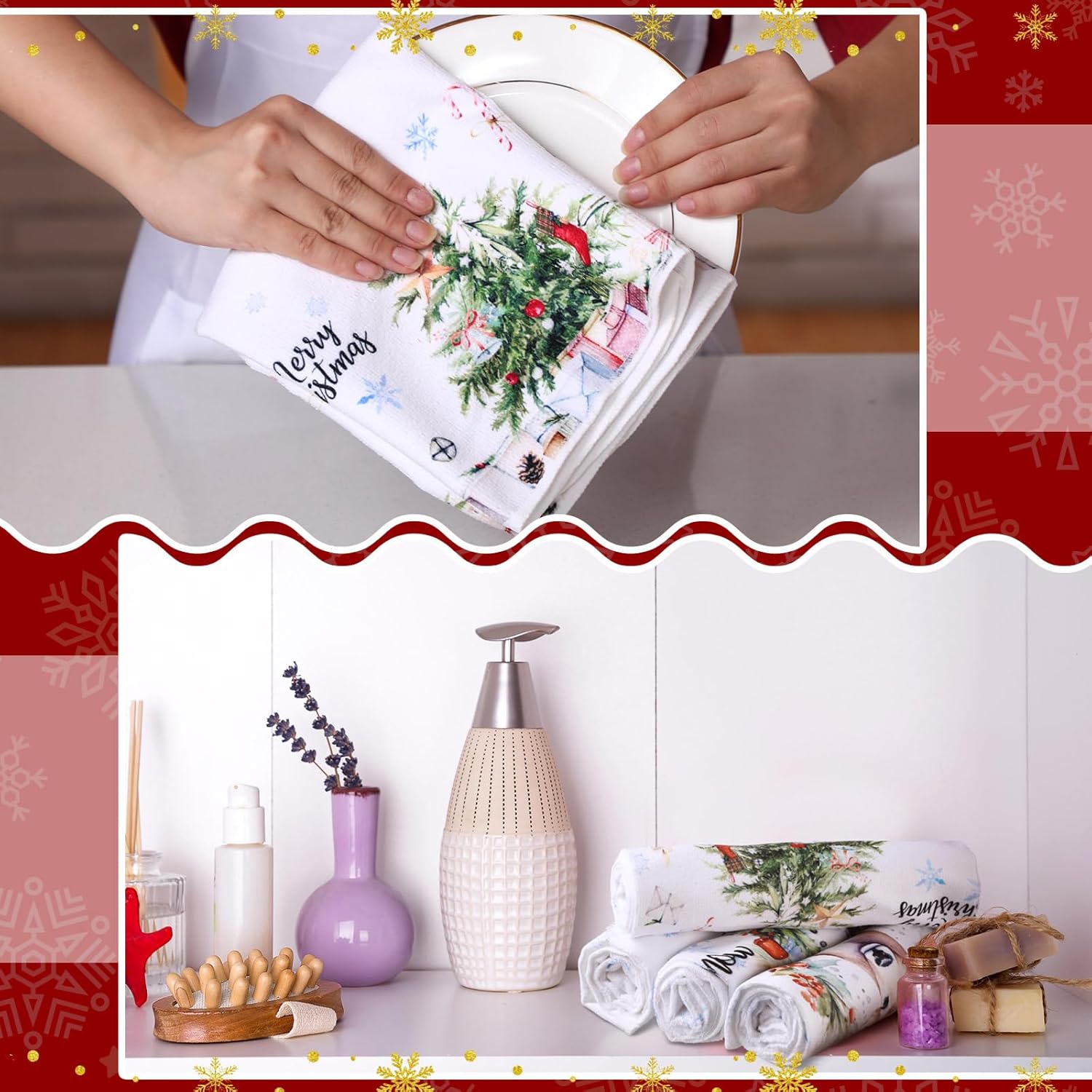 Juego de 4 toallas de cocina de Navidad de 17 x 26 pulgadas, absorbentes de Navidad, árbol de Navidad, copo de nieve, muñeco de nieve, toalla de