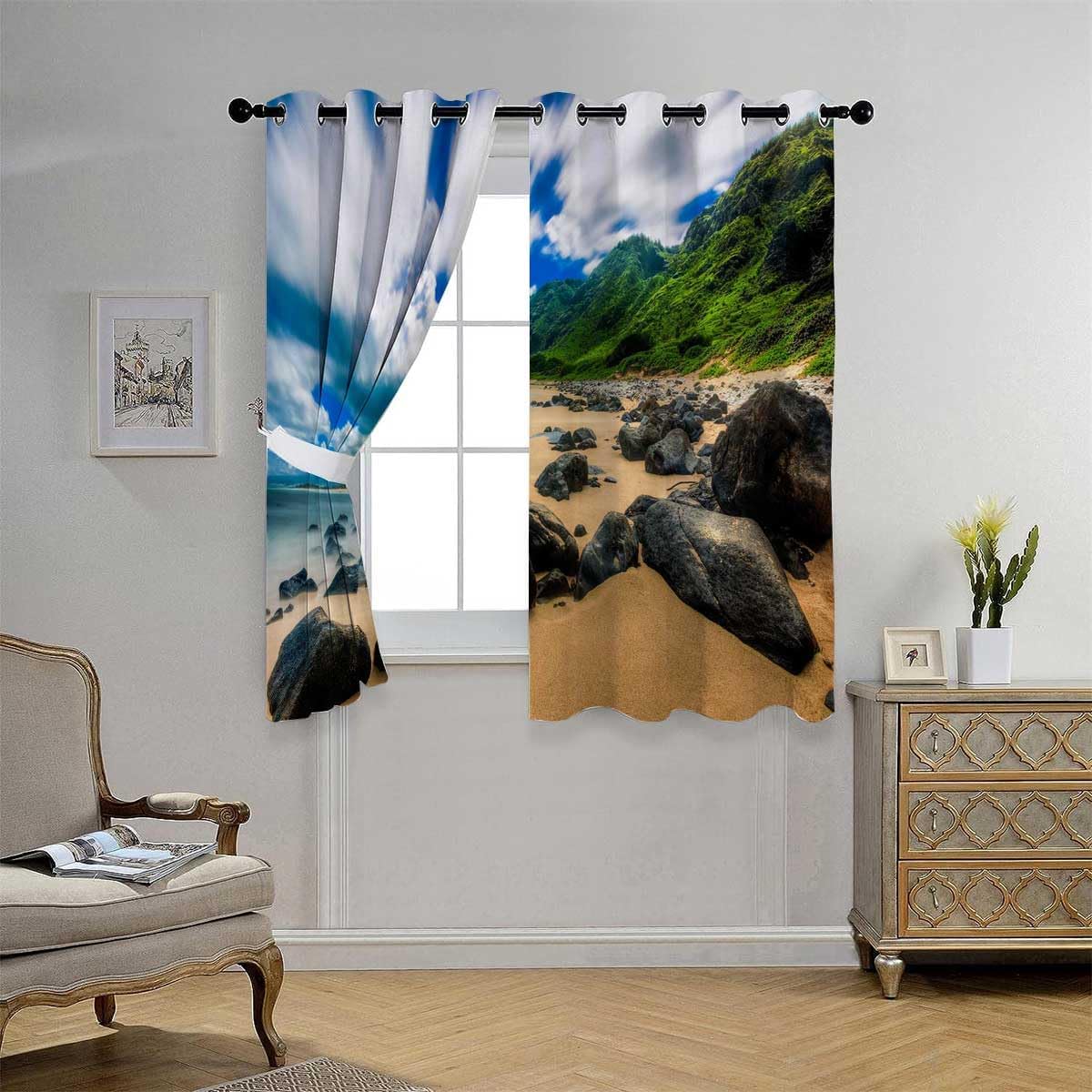 YANFENQI Cortinas para Habitacion Beach View Coastline Accordion Folding Doors Interior Acoustic Blanket 55Inch Width by 55Inch Length,2 Panels