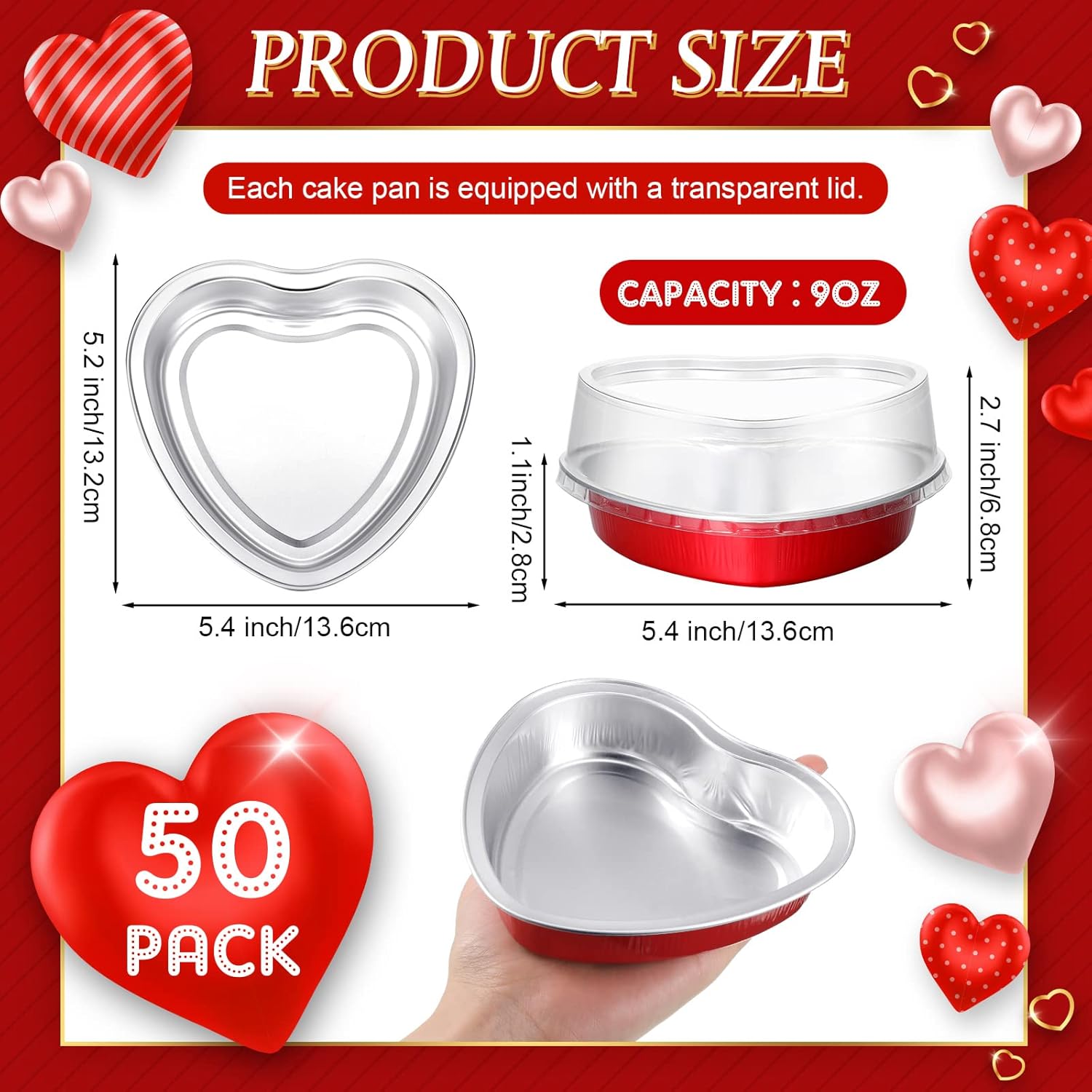 Yinkin Juego de 50 moldes de 9 onzas con forma de corazón para el Día de la Madre de 5.4 pulgadas, moldes de papel de aluminio para cupcakes con