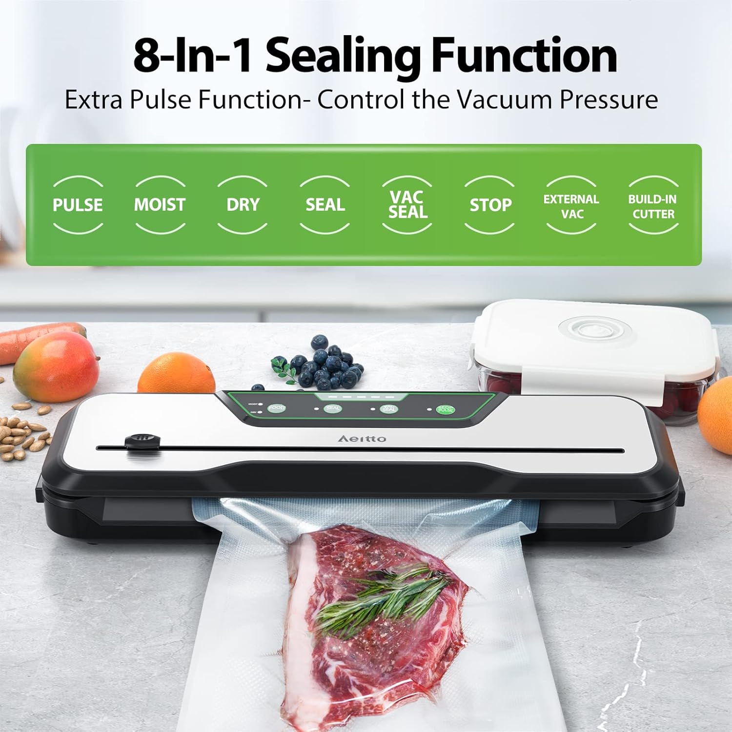 Máquina automática selladora al vacío de alimentos  Aeitto 80KPa 8 en 1 ahorrador de vacío de alimentos con kits de inicio  15 bolsas, función de