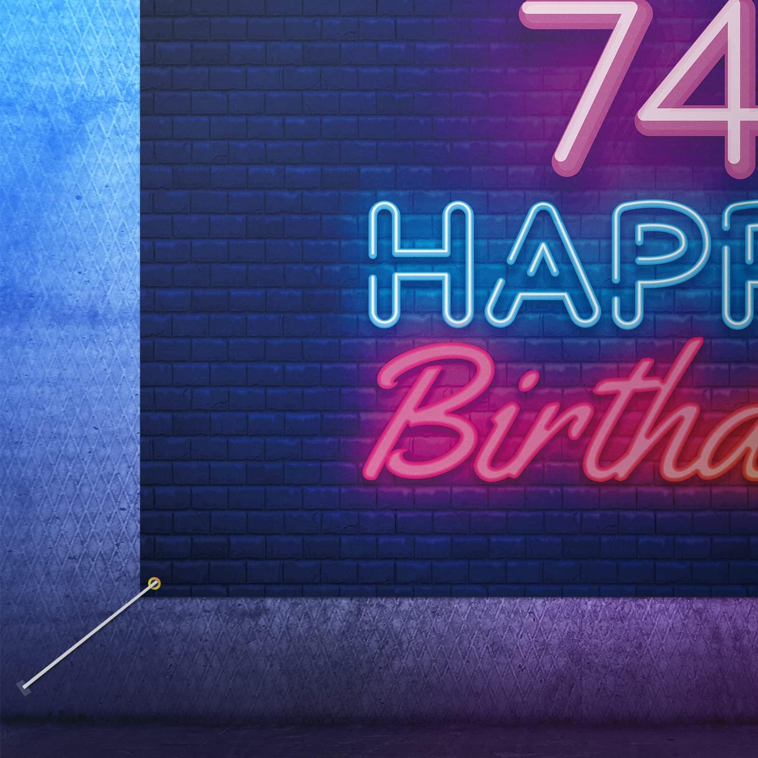 Cartel de fondo de neón brillante con texto en inglés “Happy 74th Birthday”, decoración temática de fiesta de cumpleaños de 74 años para hombres y