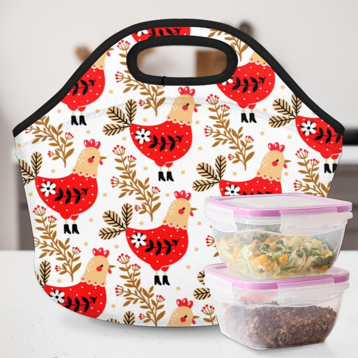 Bolsa de almuerzo de neopreno con diseño de flores de pollo, suave, lavable, reutilizable, aislada, ligera, para preparación de comidas, para