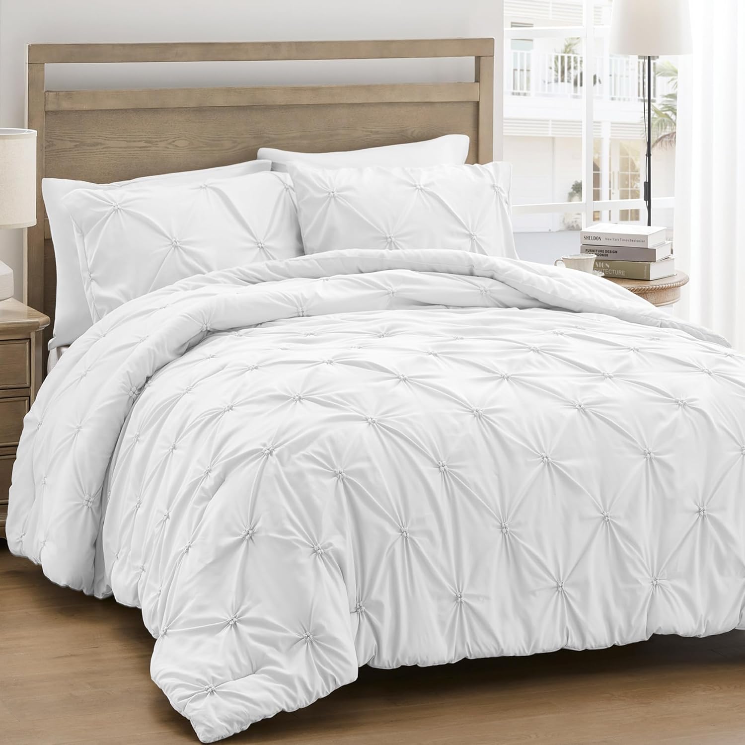 Juego de edredón tamaño King color blanco, juego de ropa de cama alternativo suave y esponjoso para todas las estaciones, juego de cama plisado de 3