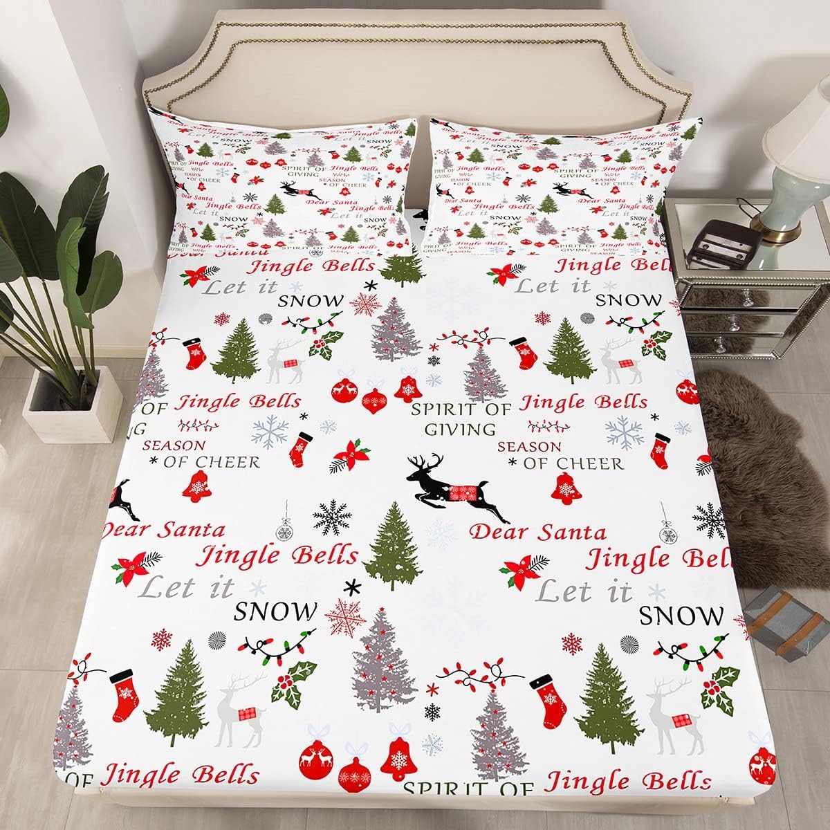Erosebridal Juego de sábanas de Navidad tamaño King, juego de sábanas de reno de Navidad para niños, adolescentes y adultos, sábanas de Feliz