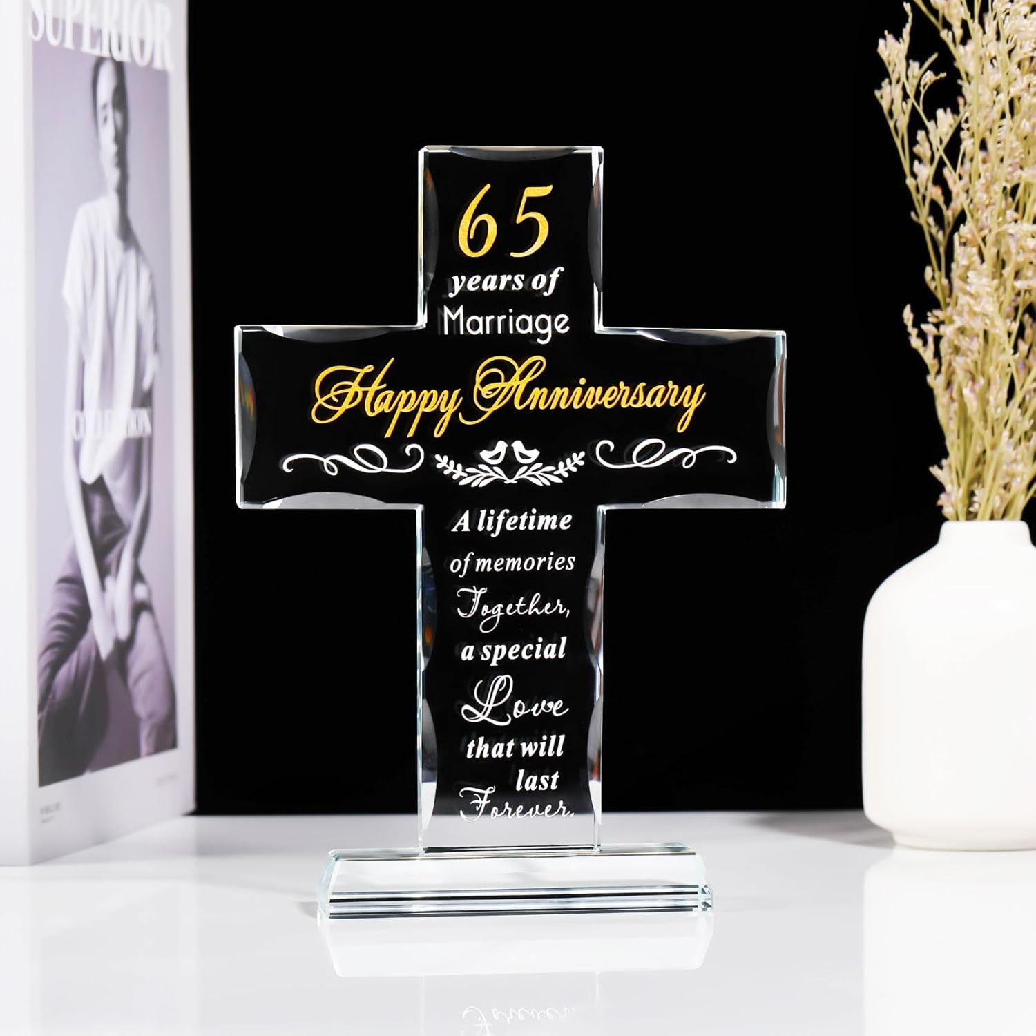 YWHL Regalos de cruz de 65 aniversario de boda para padres y abuelos, decoración de fiesta de 65 años, recuerdo de cruz de cristal para pareja