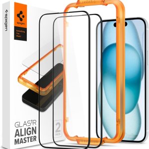 Spigen Protector de pantalla de vidrio templado GlasTR AlignMaster diseñado para iPhone 15, protección de borde a borde 2 unidades Spigen Protector de pantalla de vidrio templado GlasTR AlignMaster diseñado para iPhone 15, protección de borde a borde 2 unidades